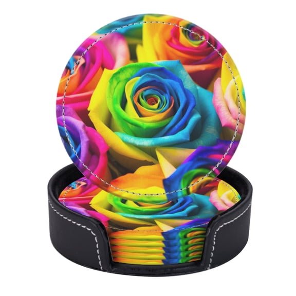 PU Leather Coasters for Drinks Bar Beer,Set of 6 with Holder,Round Housewarming Gift,Vibrant Rainbow Roses