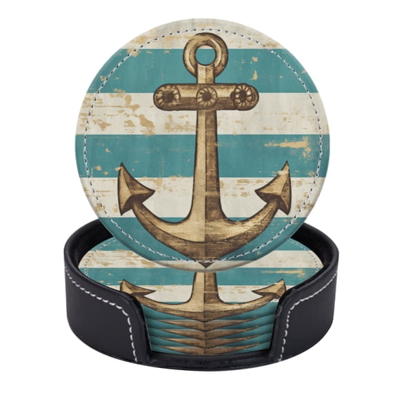 PU Leather Coasters for Drinks Bar Beer,Set of 6 with Holder,Round Housewarming Gift,Vintage Nautical Anchor On Striped Background