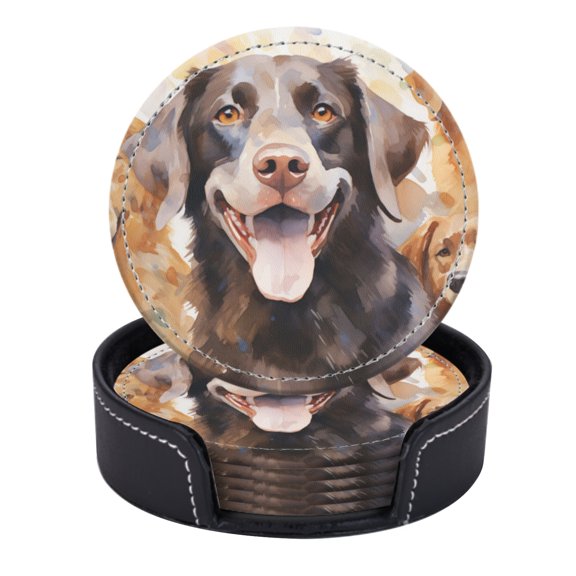 PU Leather Coasters for Drinks Bar Beer,Set of 6 with Holder,Round Housewarming Gift,Watercolor Painting Of Happy Labrador Retriever Dogs