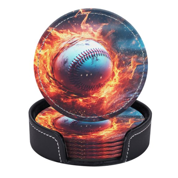 PU Leather Coasters for Drinks Bar Beer,Set of 6 with Holder,Round Housewarming Gift,White Baseball Surrounded By Flames