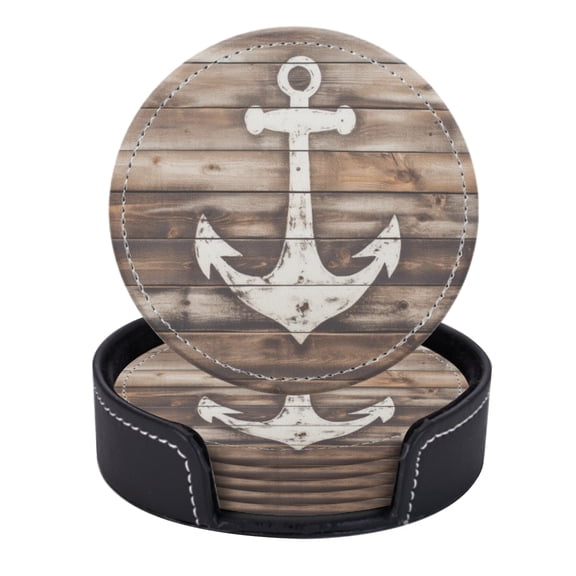 PU Leather Coasters for Drinks Bar Beer,Set of 6 with Holder,Round Housewarming Gift,Wooden Background With White Nautical Anchor