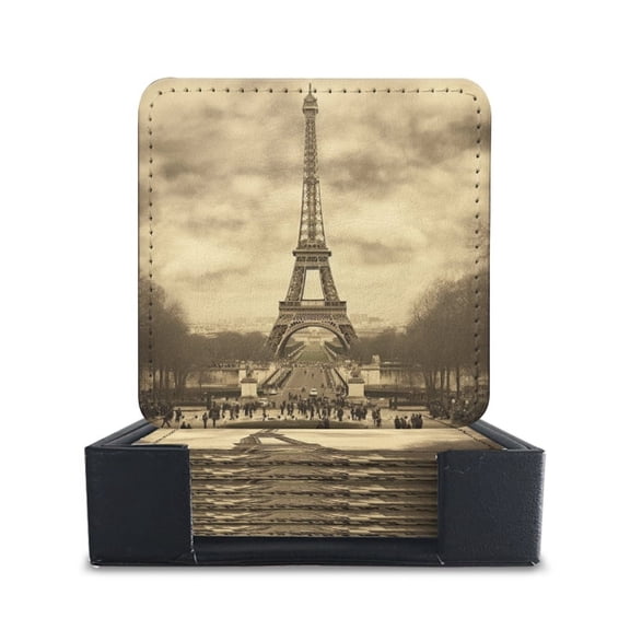 PU Leather Coasters for Drinks Bar Beer,Set of 6 with Holder,Square Housewarming Gift,Sepia-Toned Photograph Captures The Eiffel Tower In Paris
