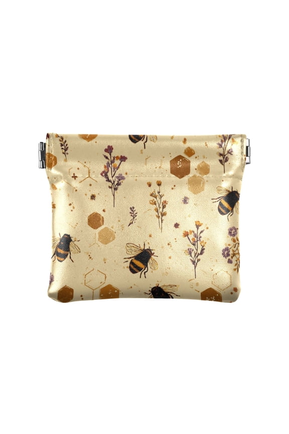 PU Leather Coin Purse Wallet Compact Water-Resistant Card Cases Money Organizers Bees and Flowers Pattern
