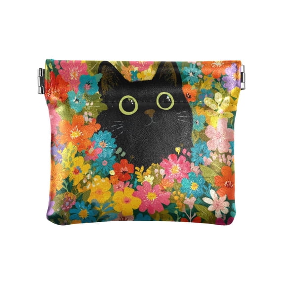 PU Leather Coin Purse Wallet Compact Water-Resistant Card Cases Money Organizers Black Cat Among Colorful Flowers