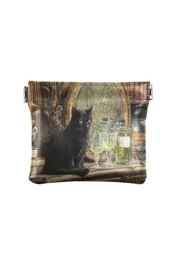 PU Leather Coin Purse Wallet Compact Water-Resistant Card Cases Money Organizers Black Cat with Green Eyes