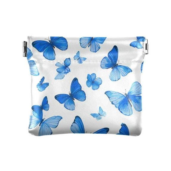 PU Leather Coin Purse Wallet Compact Water-Resistant Card Cases Money Organizers Blue Butterfly Pattern
