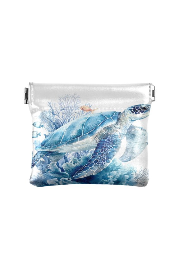 PU Leather Coin Purse Wallet Compact Water-Resistant Card Cases Money Organizers Blue Sea Turtle Pattern