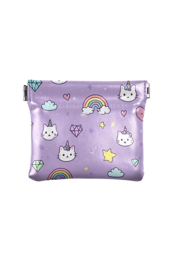 PU Leather Coin Purse Wallet Compact Water-Resistant Card Cases Money Organizers Cat Face and Rainbows Pattern