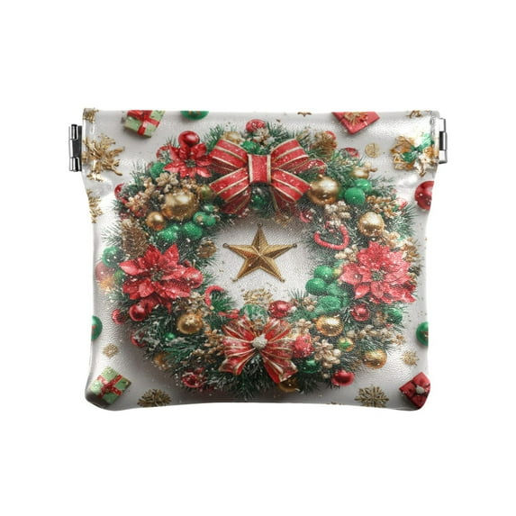 PU Leather Coin Purse Wallet Compact Water-Resistant Card Cases Money Organizers Christmas Wreath Pattern