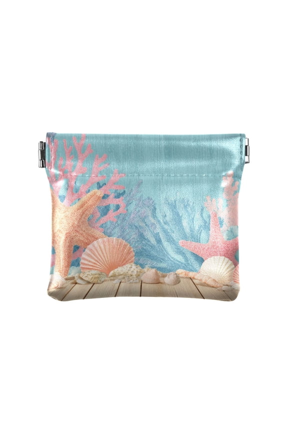 PU Leather Coin Purse Wallet Compact Water-Resistant Card Cases Money Organizers Colorful Starfish and Seashells