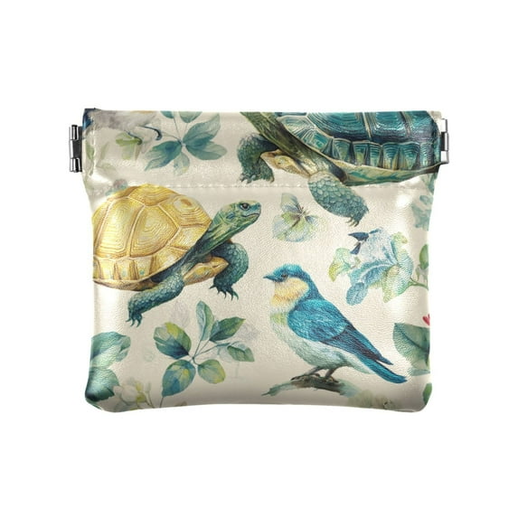 PU Leather Coin Purse Wallet Compact Water-Resistant Card Cases Money Organizers Colorful Turtles and Birds Pattern