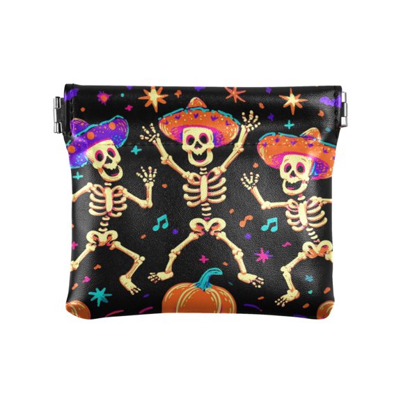 PU Leather Coin Purse Wallet Compact Water-Resistant Card Cases Money Organizers Dancing Skeleton