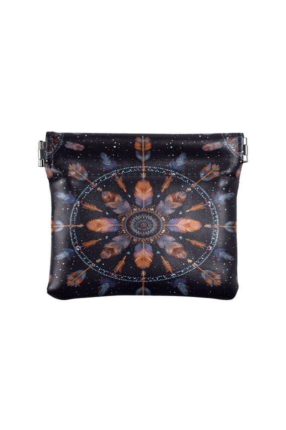 PU Leather Coin Purse Wallet Compact Water-Resistant Card Cases Money Organizers Feathers and Beads Pattern