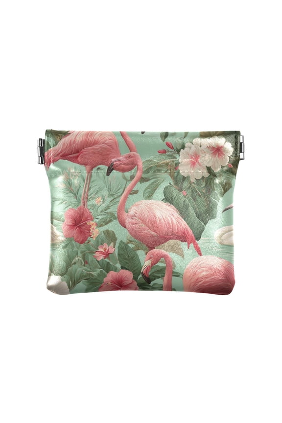 PU Leather Coin Purse Wallet Compact Water-Resistant Card Cases Money Organizers Flamingo Tropical Leaves Pattern