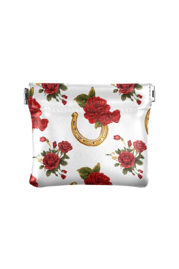 PU Leather Coin Purse Wallet Compact Water-Resistant Card Cases Money Organizers Horseshoe Pattern with Red Roses