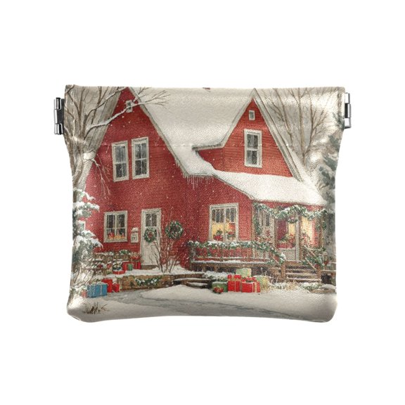 PU Leather Coin Purse Wallet Compact Water-Resistant Card Cases Money Organizers House with Snow-covered Roof