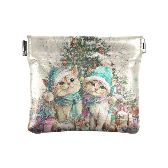 PU Leather Coin Purse Wallet Compact Water-Resistant Card Cases Money Organizers Merry Cat Christmas Tree