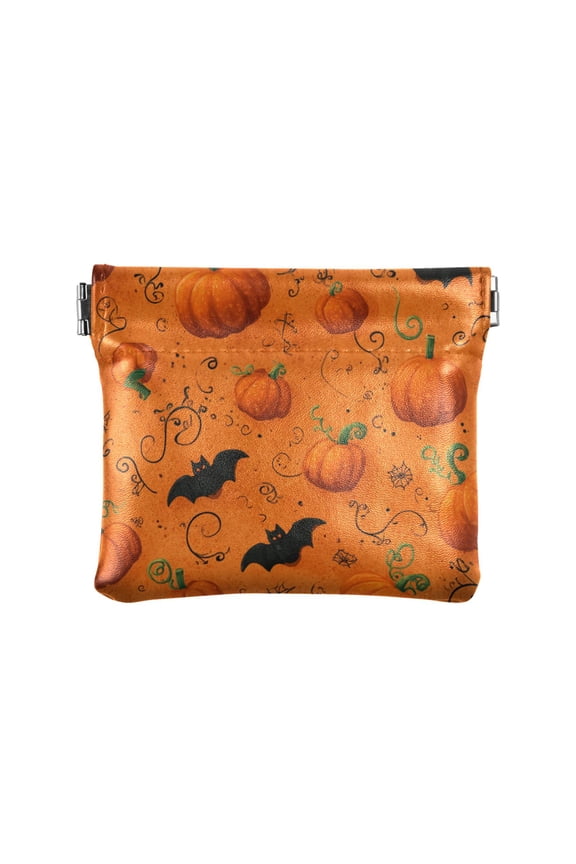 PU Leather Coin Purse Wallet Compact Water-Resistant Card Cases Money Organizers Orange Pumpkins and Bats