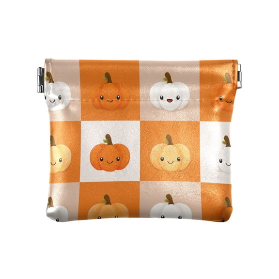 PU Leather Coin Purse Wallet Compact Water-Resistant Card Cases Money Organizers Orange and White Squares