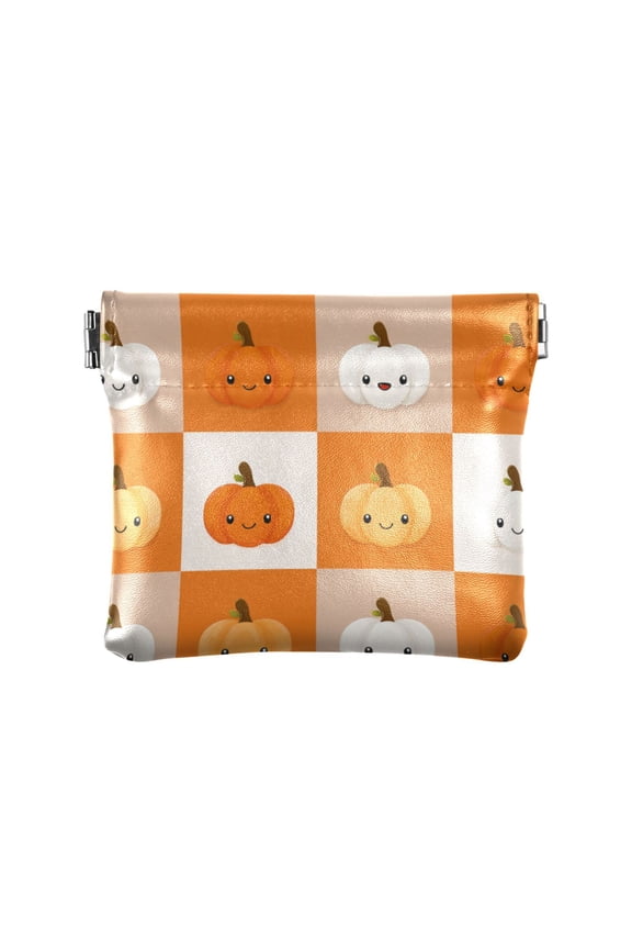 PU Leather Coin Purse Wallet Compact Water-Resistant Card Cases Money Organizers Orange and White Squares