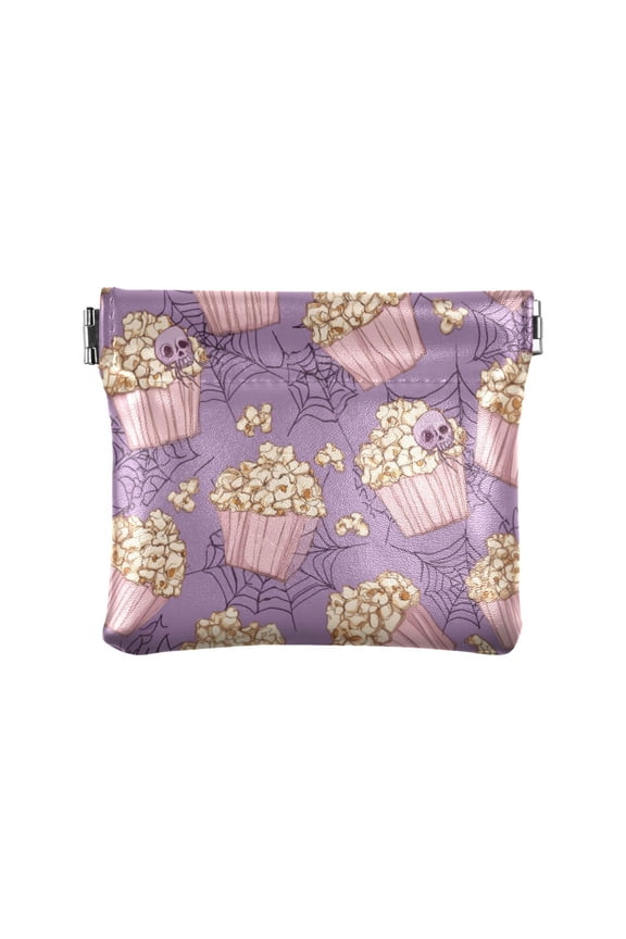 PU Leather Coin Purse Wallet Compact Water-Resistant Card Cases Money Organizers Pastel Violet Popcorn