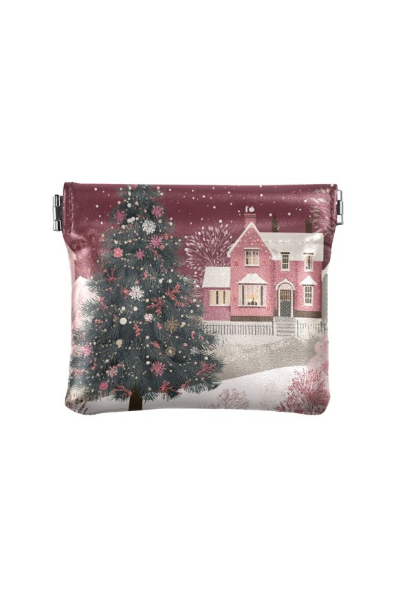 PU Leather Coin Purse Wallet Compact Water-Resistant Card Cases Money Organizers Pink Christmas Trees and Houses