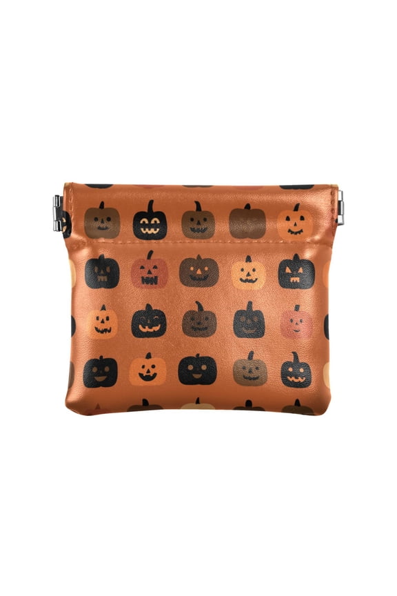 PU Leather Coin Purse Wallet Compact Water-Resistant Card Cases Money Organizers Pumpkin Funny Face Pattern