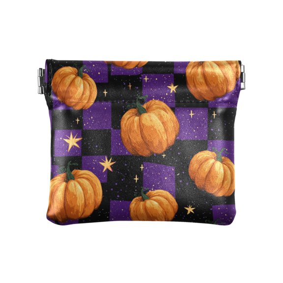 PU Leather Coin Purse Wallet Compact Water-Resistant Card Cases Money Organizers Purple Plaid and Pumpkins