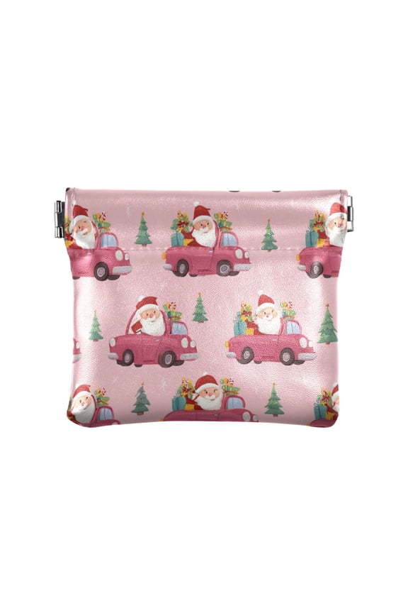 PU Leather Coin Purse Wallet Compact Water-Resistant Card Cases Money Organizers Santa Claus Driving in Red Cars
