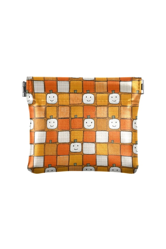 PU Leather Coin Purse Wallet Compact Water-Resistant Card Cases Money Organizers Squares with Smiling Pumpkins