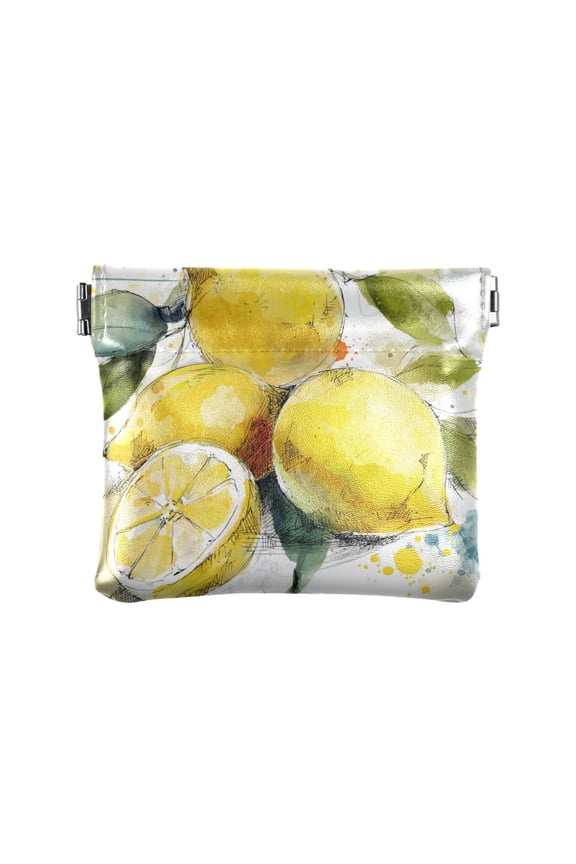 PU Leather Coin Purse Wallet Compact Water-Resistant Card Cases Money Organizers Watercolor Lemon