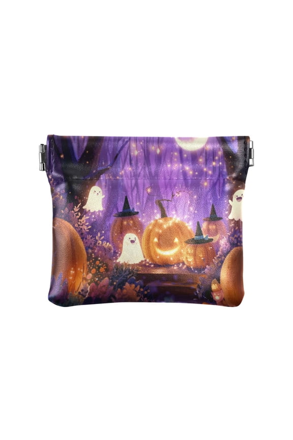 PU Leather Coin Purse Wallet Compact Water-Resistant Card Cases Money Organizers Whimsical Cartoon Halloween Scene
