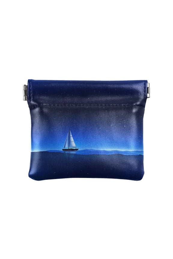 PU Leather Coin Wallet with Snap Closure Clutch Bag Holder Small Wallet Blue Starry Sky Sailing Boat