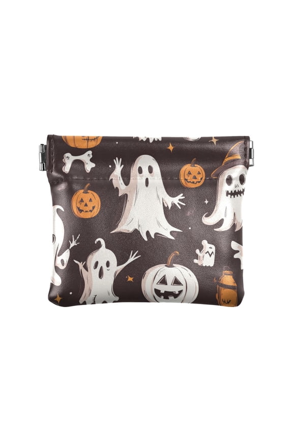 PU Leather Coin Wallet with Snap Closure Clutch Bag Holder Small Wallet Halloween-themed Cartoonish Ghosts