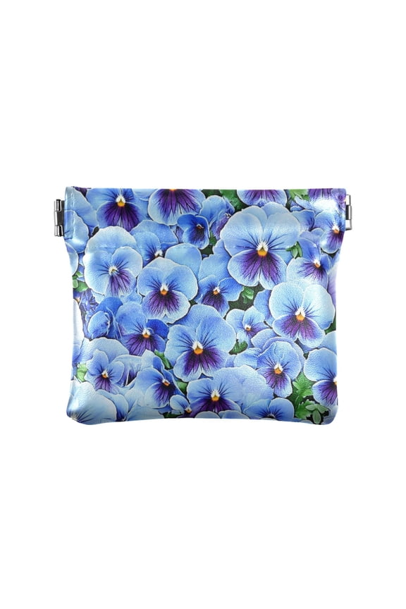 PU Leather Coin Wallet with Snap Closure Clutch Bag Holder Small Wallet Light Blue Pansies