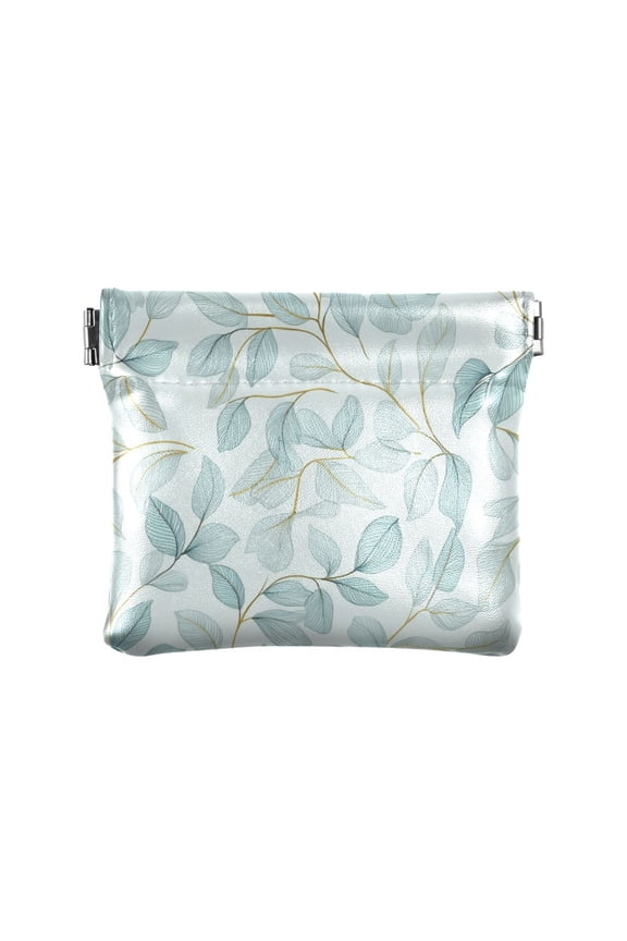PU Leather Coin Wallet with Snap Closure Clutch Bag Holder Small Wallet Pastel Mint Green Leaves