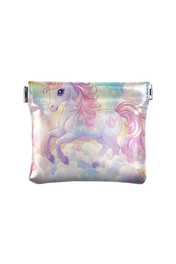 PU Leather Coin Wallet with Snap Closure Clutch Bag Holder Small Wallet Rainbow Colors Unicorn