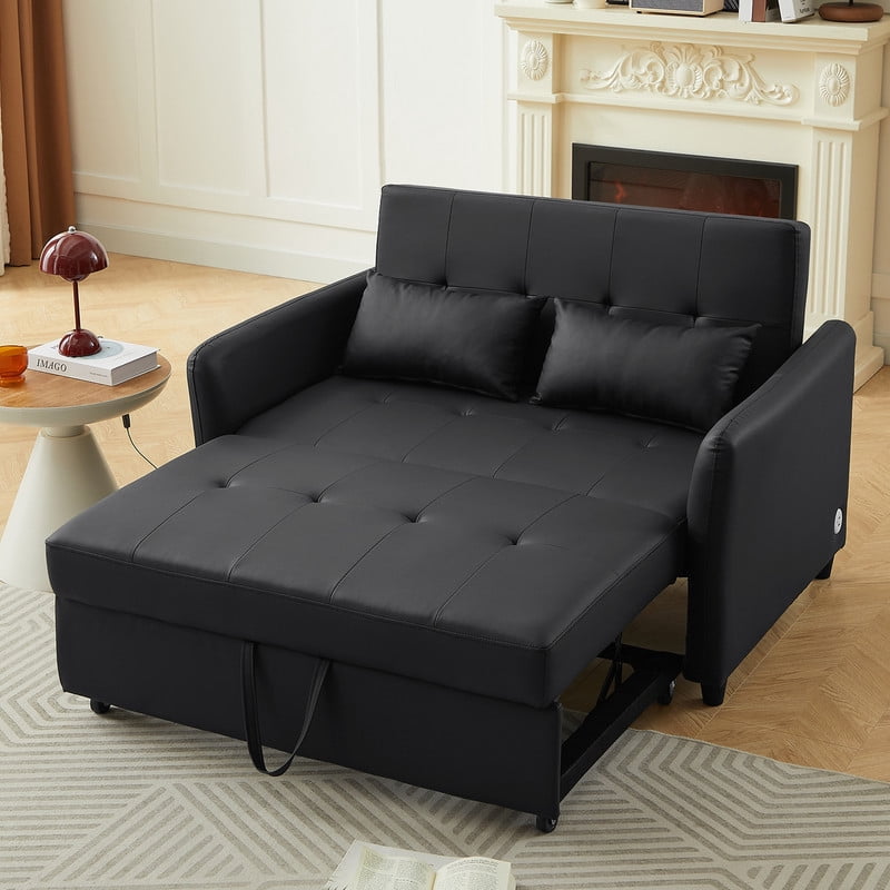 PU Leather Convertible Sleeper Sofa Bed, Adjustable Oversized Chaise Lounge Loveseat Couch with 3 USB Charging Ports