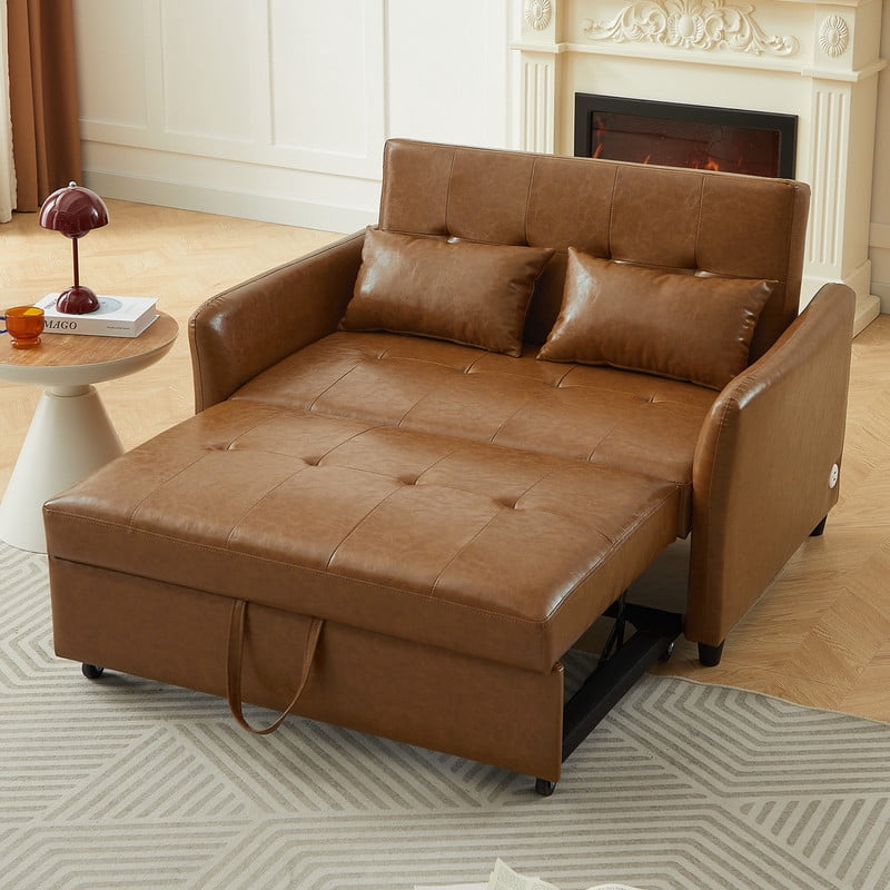 PU Leather Convertible Sleeper Sofa Bed, Adjustable Oversized Chaise Lounge Loveseat Couch with 3 USB Charging Ports