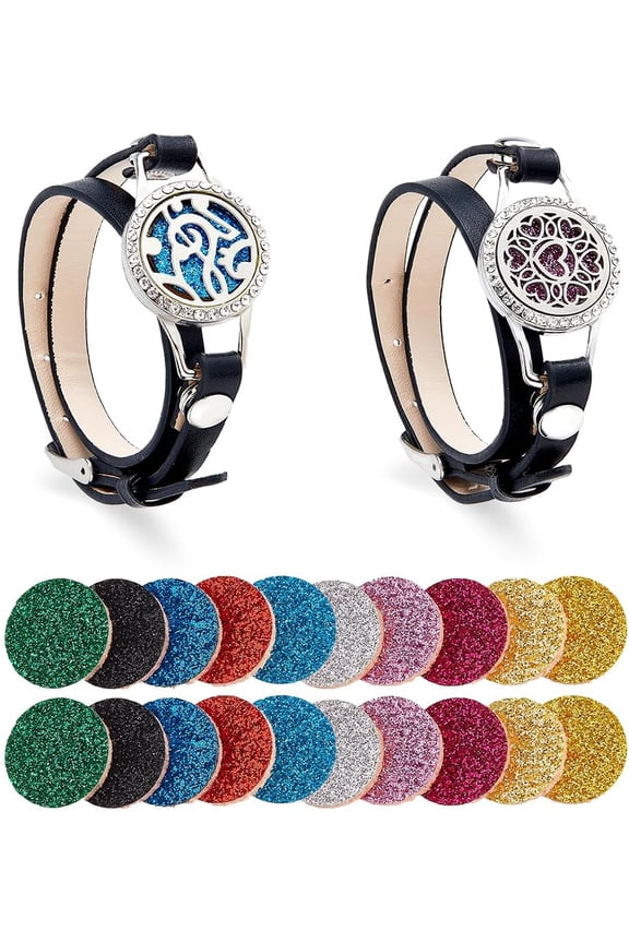 PU Leather Cord Bracelets Essential Oil Diffuser Bracelets for Women with Fibre Perfume Pads & Stainless Steel & Alloy Findings & Rhinestone Flat Round Mixed color 12-5/8x3/8x1/4 inch(32.2x0.9x0.5cm)