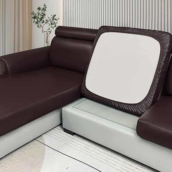 PU Leather Couch Cushion Slipcover, Stretch Sofa Seat Cover Protector for Living Room, Elastic Bottom Furniture Cover for Home Decor and Daily Use, 25.6x25.6 Inch, Dark Brown
