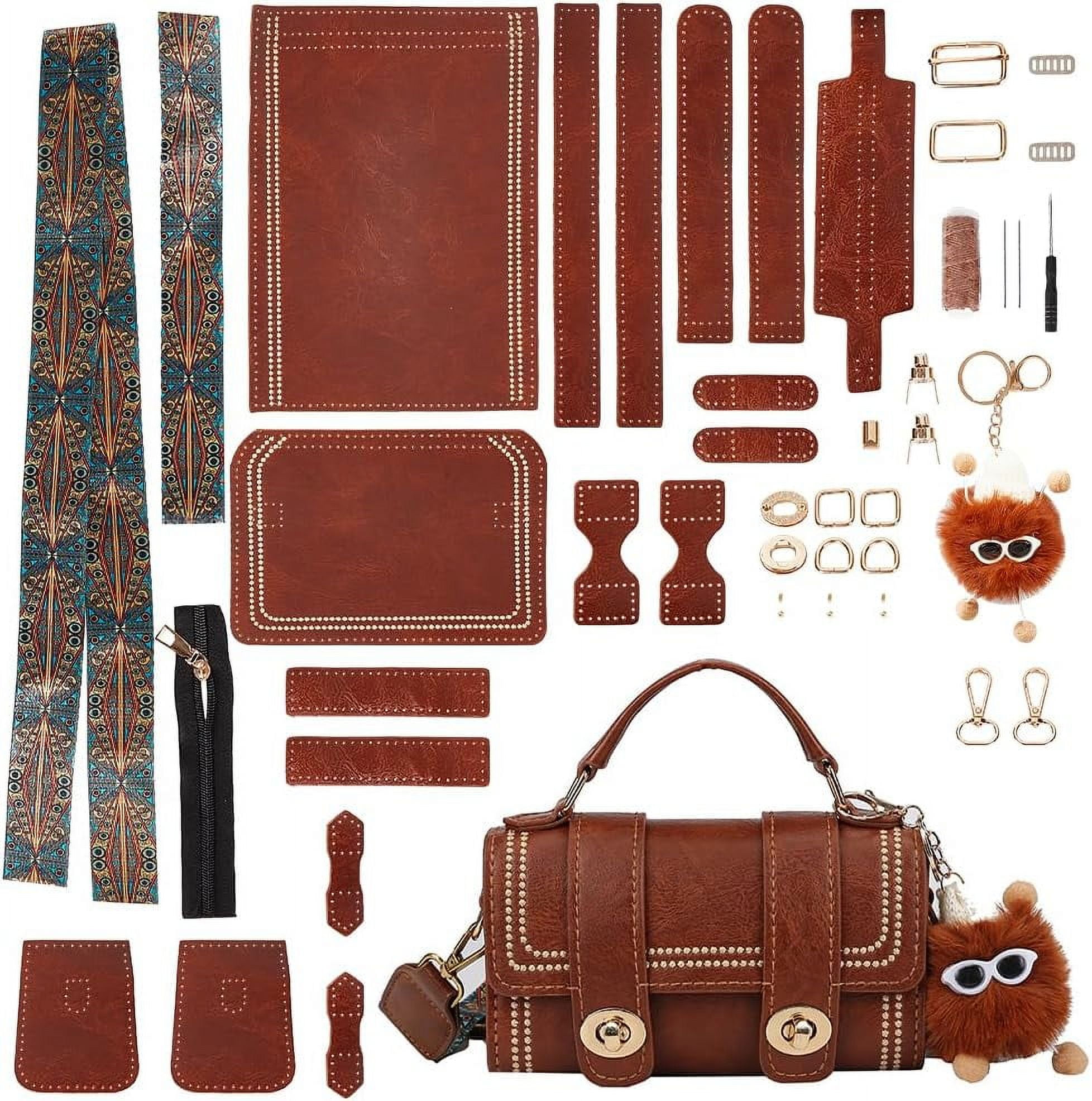 PU Leather Crossbody Bag Making Kit DIY Knitting Crochet Shoulder Bag Making Materials PU Leather Handbags Sewing Kit 7.4x3.9x2.7 Inch (Brown)