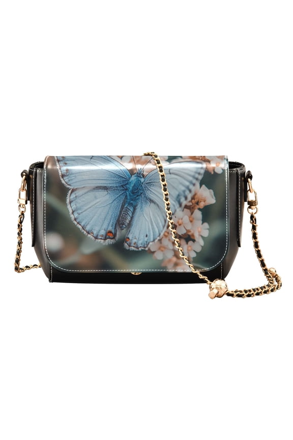 PU Leather Crossbody Bag for Women Ladies Chic Shoulder Bags Crossbody Purse Multi-Pocket Handbag for Work, Travel, Shopping Blue Butterfly Sits on The Flowers