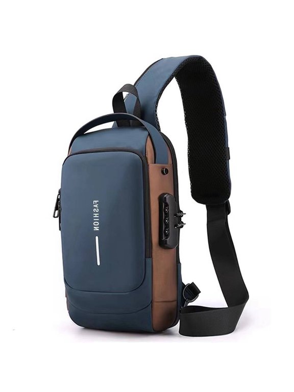 PU Leather Crossbody Bag for Men Waterproof Password Lock Sling Bag Color Blocking Chest Bag for Sports Running Travel