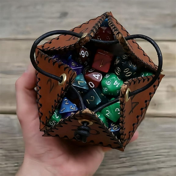 PU Leather D20 Dice Bag, Polyhedral Dice Pouch Portable Drawstring Bag for , Game, DND Dice Bag, Brown