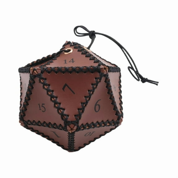 PU Leather D20 Dice Bag, Polyhedral Pouch Portable Drawstring Bag for , Game, DND Brown