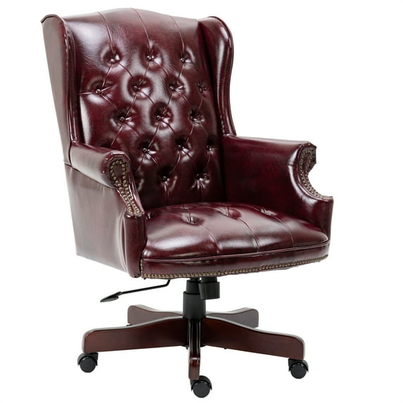 PU Leather Desk Chair with High Back, 360° Rotating Boss Chair Executive Office Chair with Wingback and Smooth Glide Caster Wheels, Computer Work Chair with Thick Padded Seat and Backrest, Burgundy