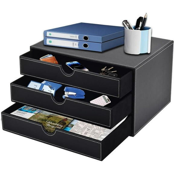 PU Leather Desk Organizer with 3 Drawers,Executive Office Supplies Desktop Filing A4 File Cabinet/Holder for Jewelry/Bill/Paper/Documents/Makeup Home Decor Stationery Storage Box,Black