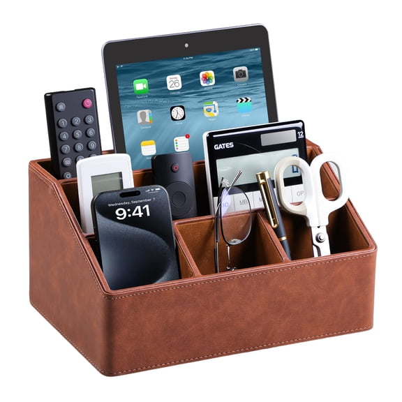 PU Leather Desk Organizer, Luxury Remote Control Holder for Home, Office Desk Accessories Table Caddy Bedside Nightstand Organizer (Brown)