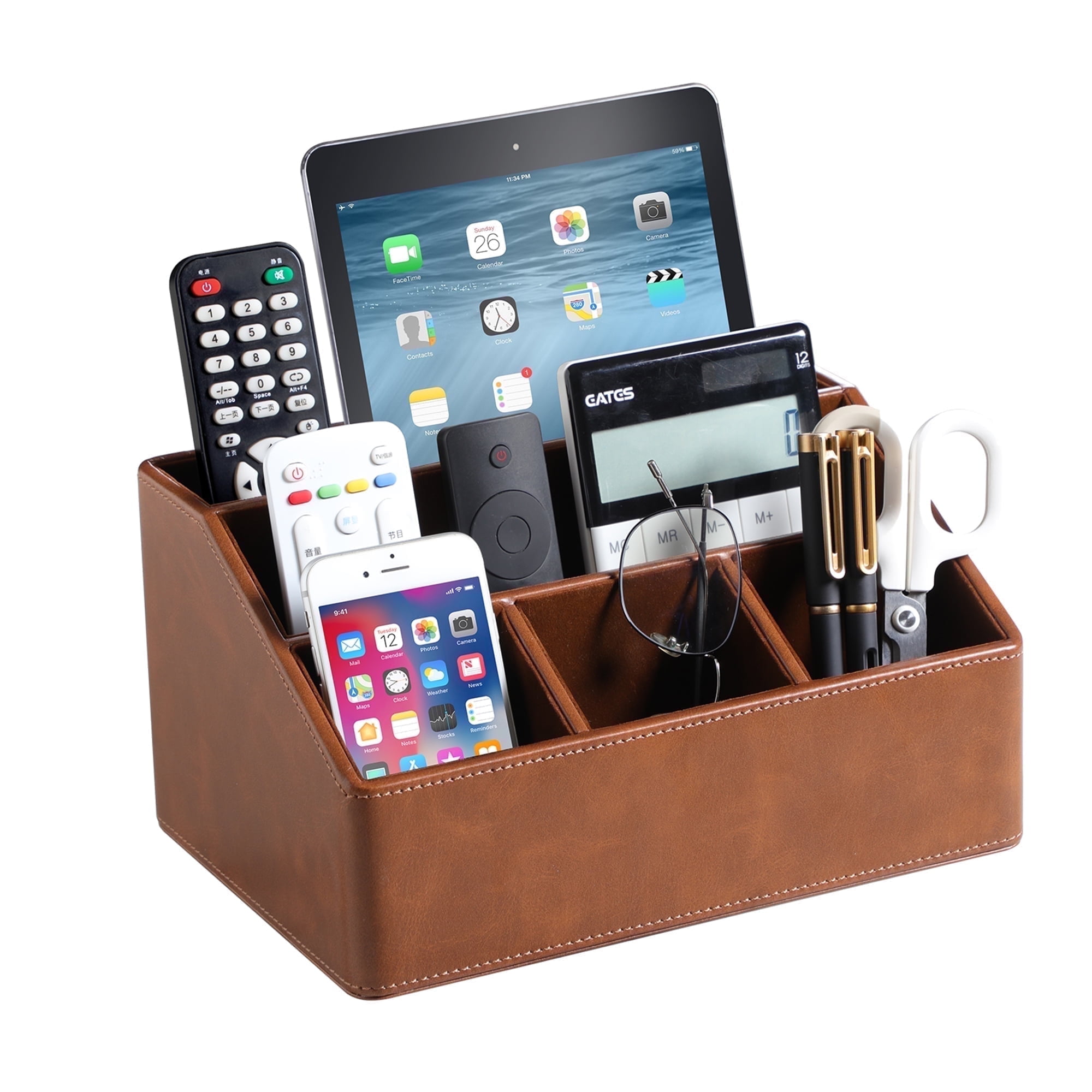 MEIBOOCH PU Leather Desk Organizer, Luxury Remote Control Holder for Home, Office Desk Accessories Table Caddy Bedside Nightstand Organizer (Brown)